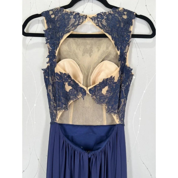 Sherri Hill Navy Blue Lace Illusion Open Back Formal Gown $298 - Picture 10 of 14